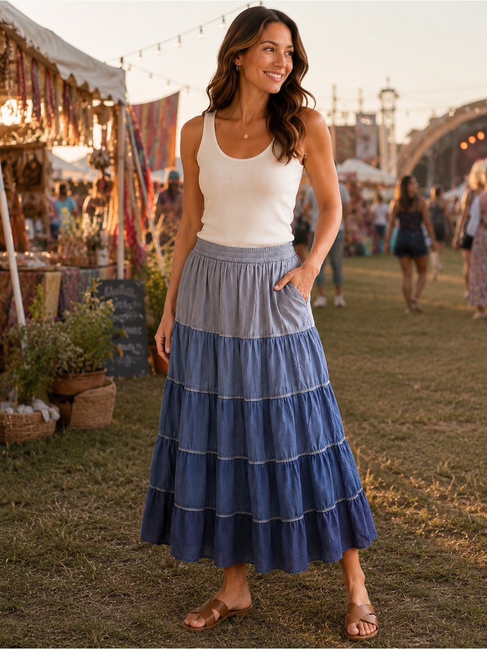 214) Attitude Folia Ombre Tiered Maxi Skirt